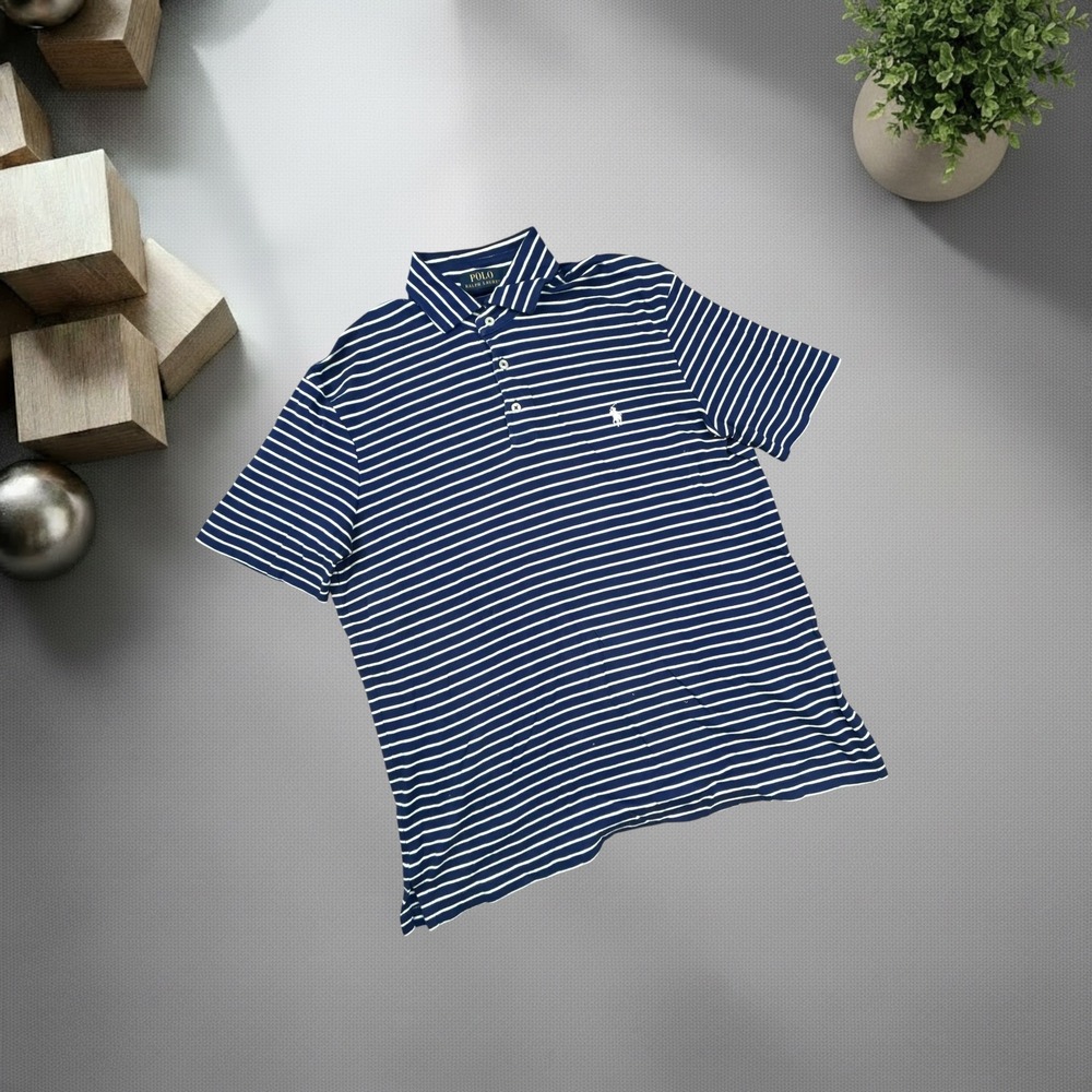 Polo Ralph Lauren Mens Large Navy Blue White Striped Short Sleeve Polo Shirt
